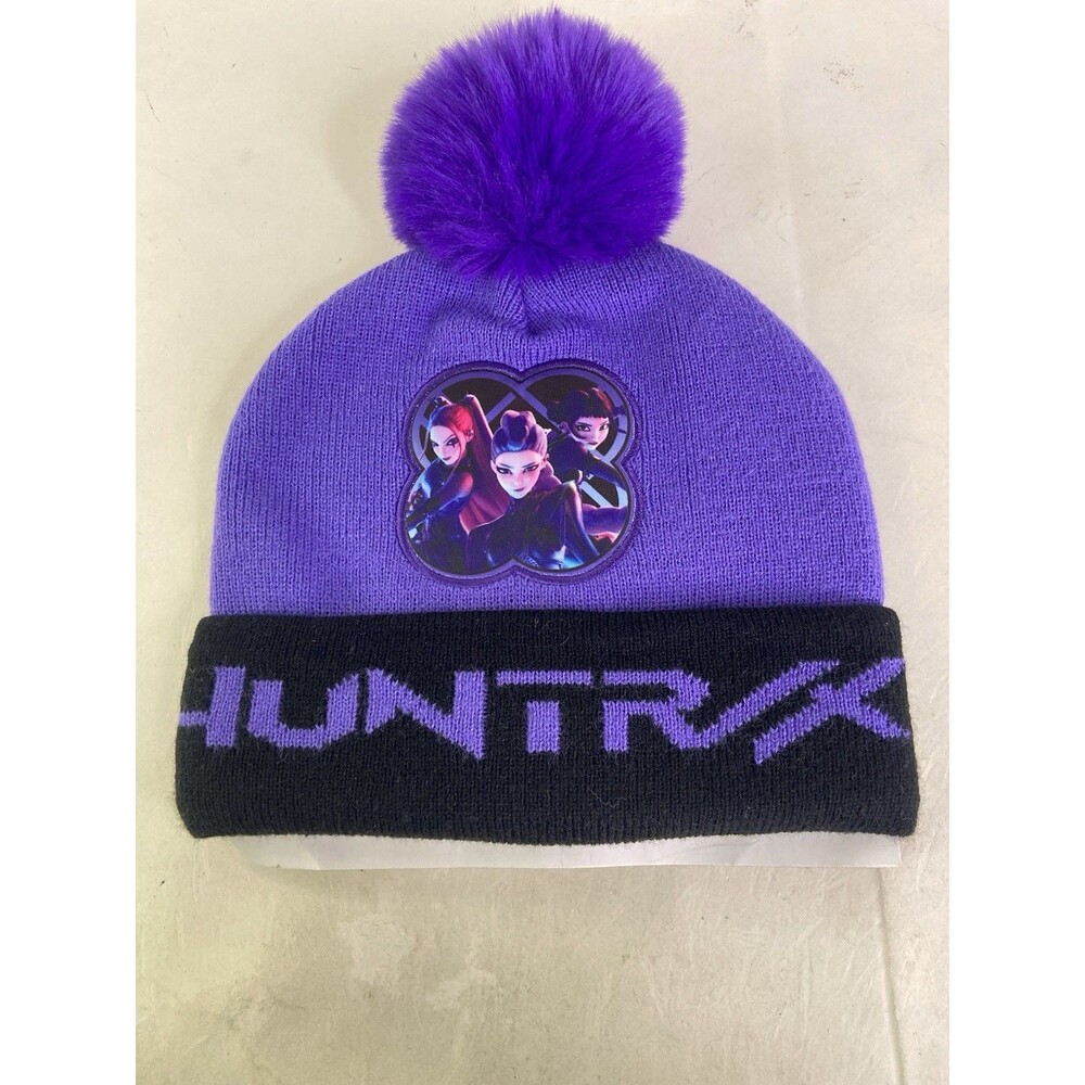 K-Pop Demon Hunters Huntrix Purple Knit Pom Beanie Hat Cap Girls OSFM